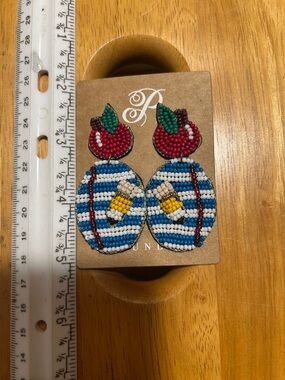 Beaded Cherry & Striped Egg Dangle Earrings - Red, Blue, White